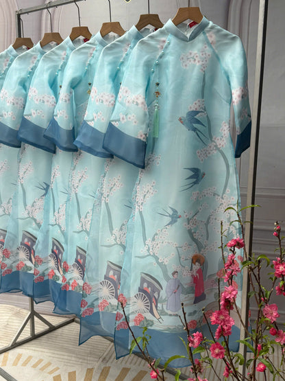 A114 - Set Áo Dài Cách Tân Suông Tơ Organza Blue (kèm quần nhũ)