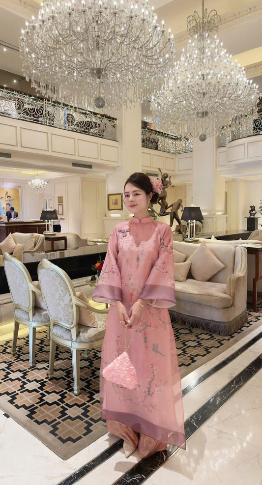 A113 - Set Áo Dài Cách Tân Suông Tơ Organza Tím Hồng (kèm quần nhũ)