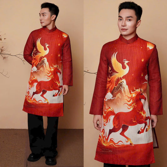 A120 - Men’s Áo Dài In Ngựa Đỏ
