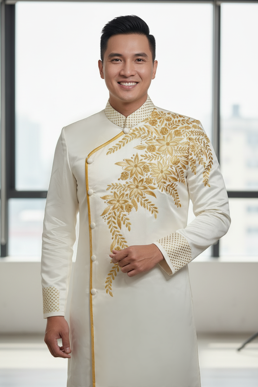A119 - Men’s Áo Dài Vẽ Tay Off-white
