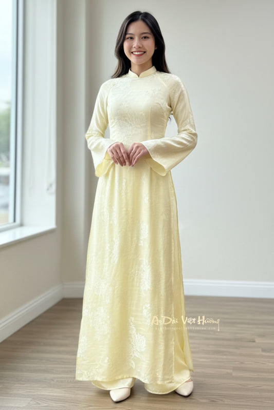 A115 - Set Áo Dài Lụa Tằm Vàng Mỡ Gà (kèm quần gấm tằm)
