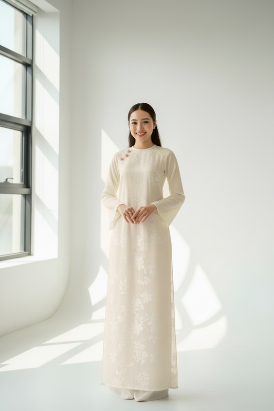 A130 - Áo Dài Tằm Pha Trắng Kem kết đá hồng