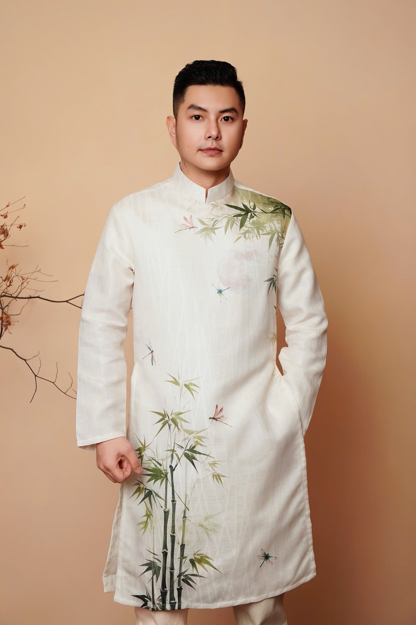 A129 - Men’s Áo Dài In White/Green