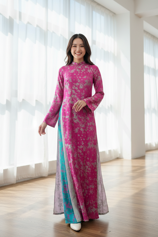 A29 - Set Áo Dài Gấm Hoa Đào 4 Tà Pink/Green (kèm quần)