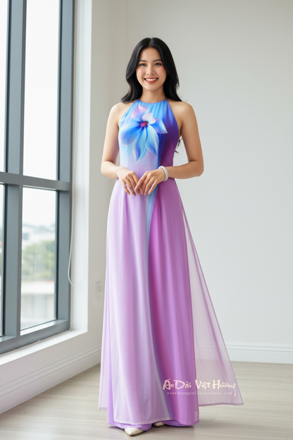 A50 - Áo Dài Yếm Chiffon 4 tà Hồng/Xanh | Áo Only
