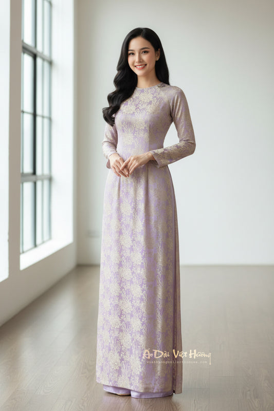 A141 - Áo Dài Cúc Đại Đoá Tím Cà/Vàng