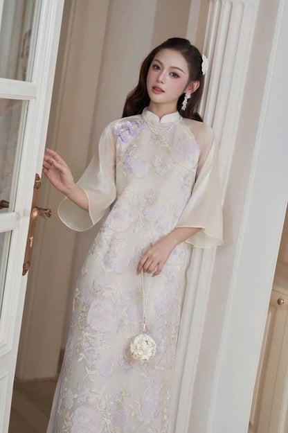 M8 - Áo Dài Cách Tân Tơ Thêu 4 Tà Tím | Áo Only