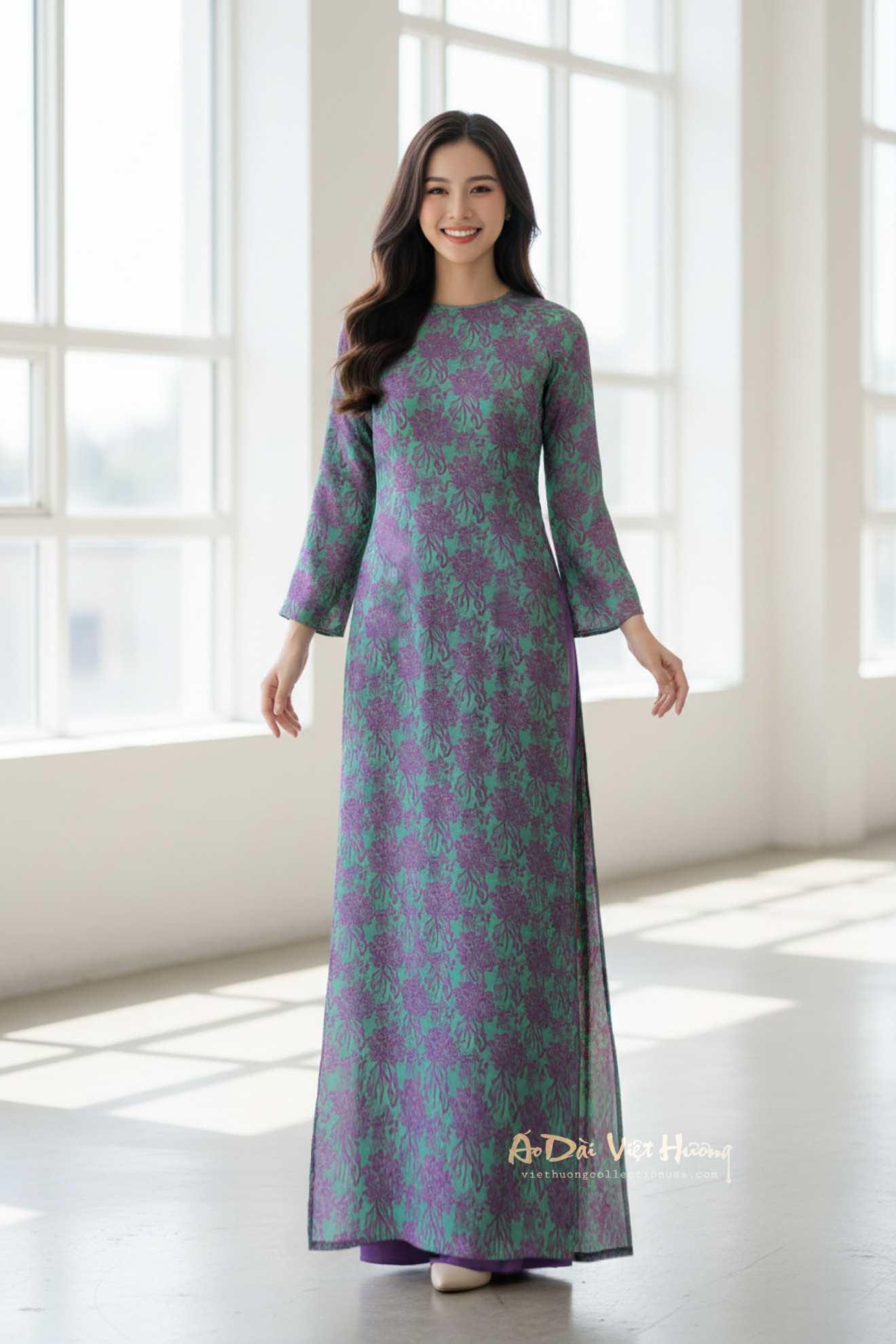 A142 - Áo Dài Suông Gấm Cúc Đại Đoá Xanh/Tím (Cổ Tròn) | Áo Only