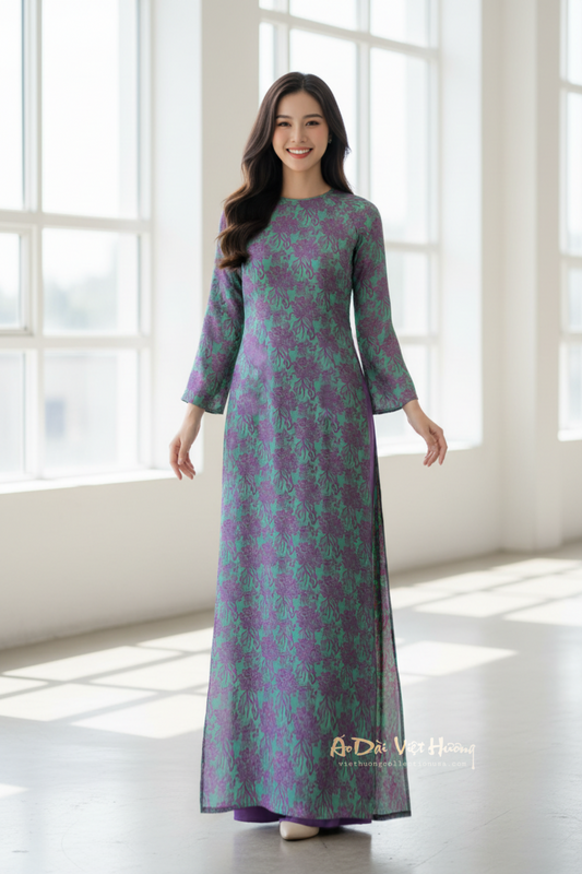 A142 - Áo Dài Suông Gấm Cúc Đại Đoá Xanh/Tím (Cổ Tròn) | Áo Only