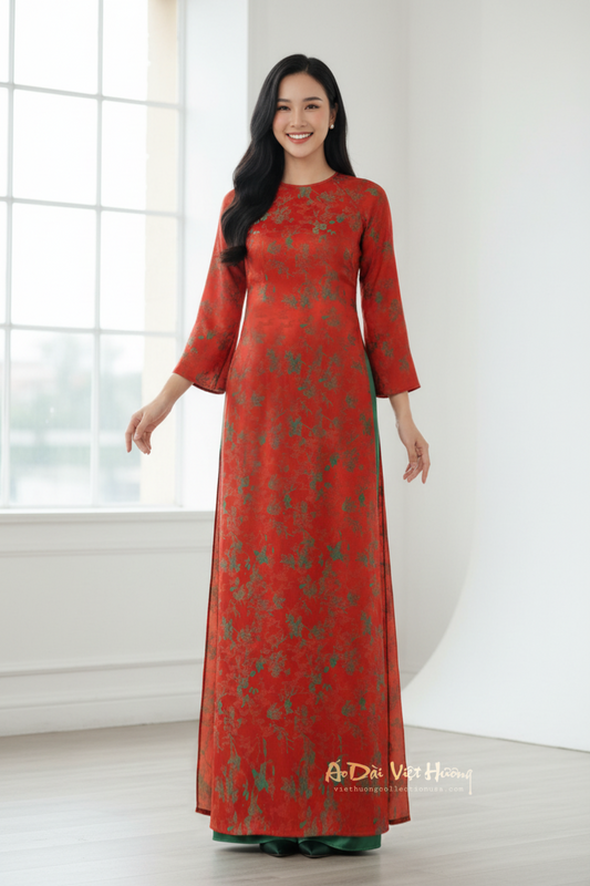 A146 - Áo Dài Suông Gấm Orange/Green | Áo Only