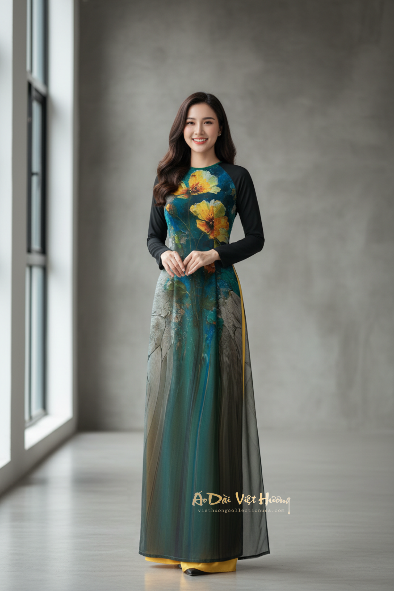 A37 - Áo Dài Chiffon In 4 Tà Xanh Lá/Đen