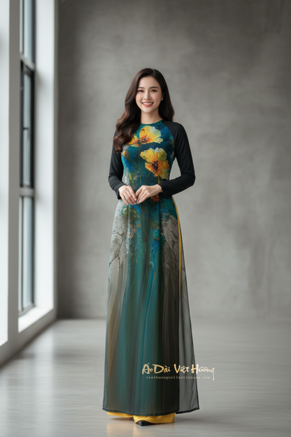 A37 - Áo Dài Chiffon In 4 Tà Xanh Lá/Đen