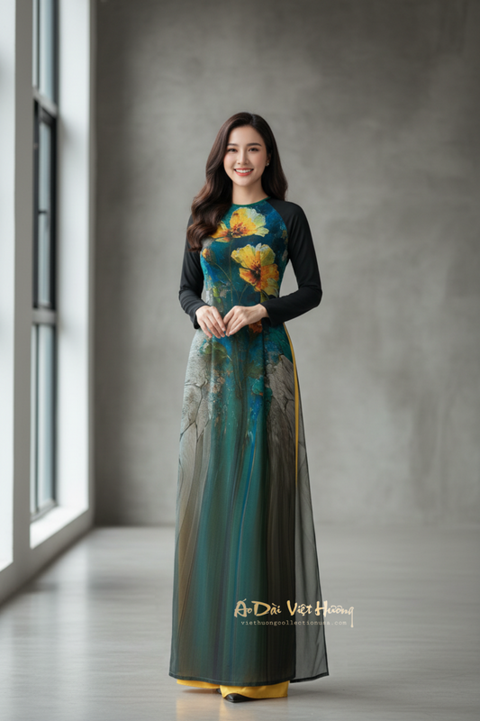 A37 - Áo Dài Chiffon In 4 Tà Xanh Lá/Đen
