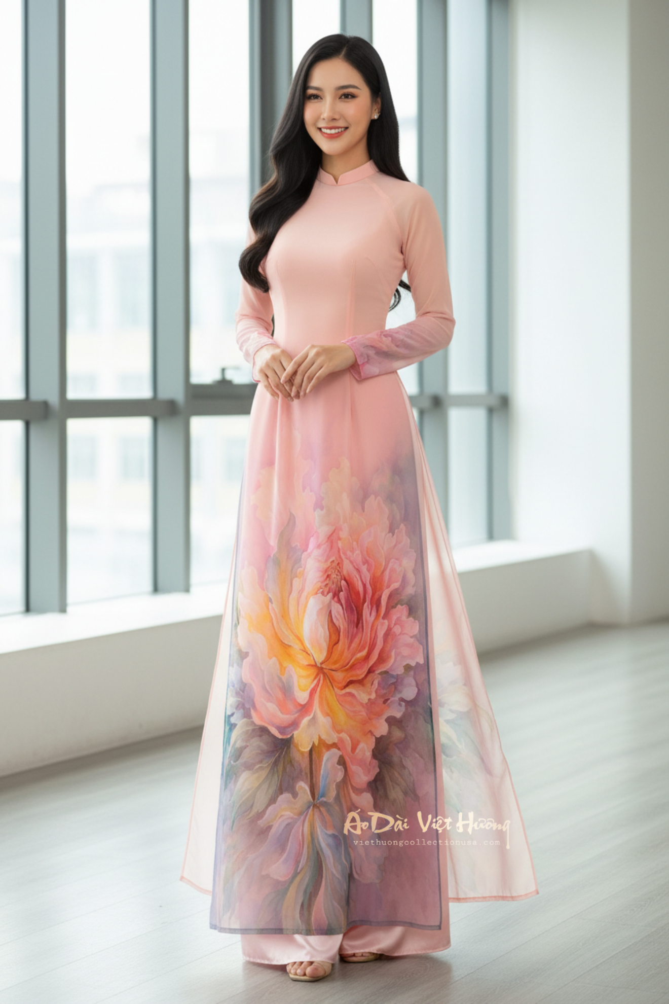 A28 - Áo Dài Chiffon In 4 Tà Hồng Cam