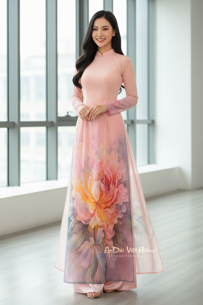 A28 - Áo Dài Chiffon In 4 Tà Hồng Cam