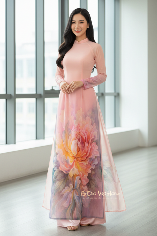 A28 - Áo Dài Chiffon In 4 Tà Hồng Cam