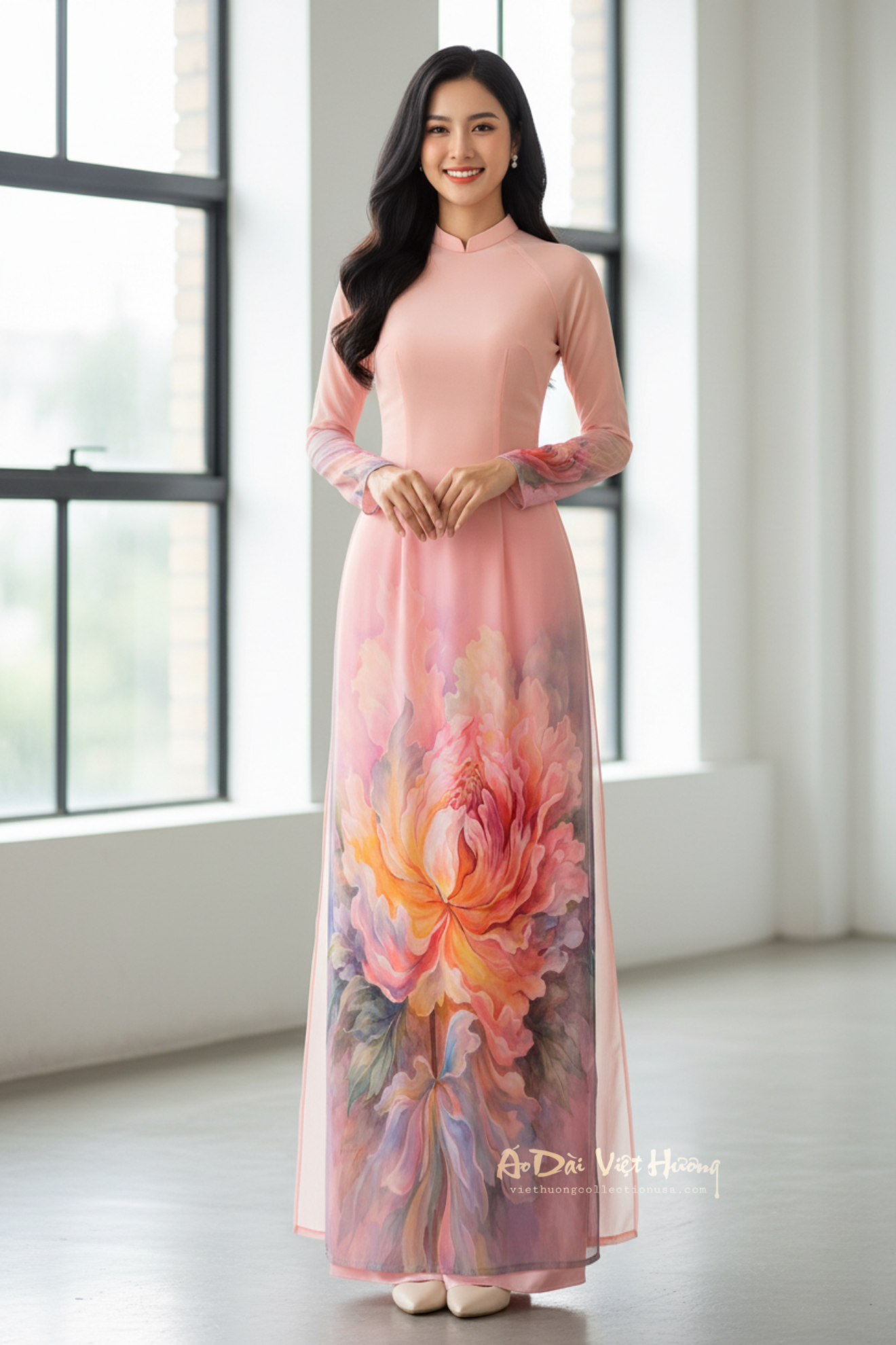 A28 - Áo Dài Chiffon In 4 Tà Hồng Cam