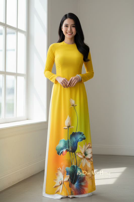 A33 - Áo Dài Chiffon 4 Tà Vàng Hoa Sen | Áo Only