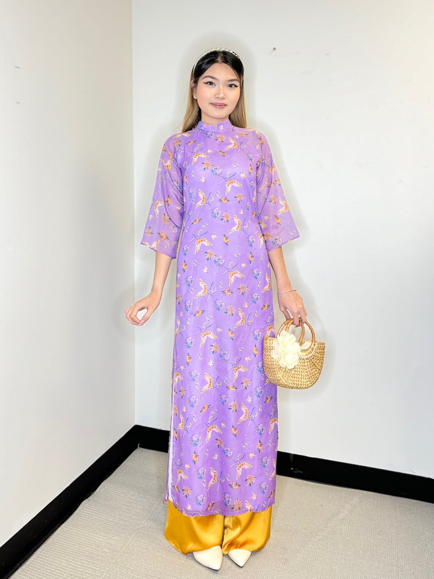 A45 - Set Áo Dài Dáng Suông Organza Double Layers Purple (Kèm Quần)