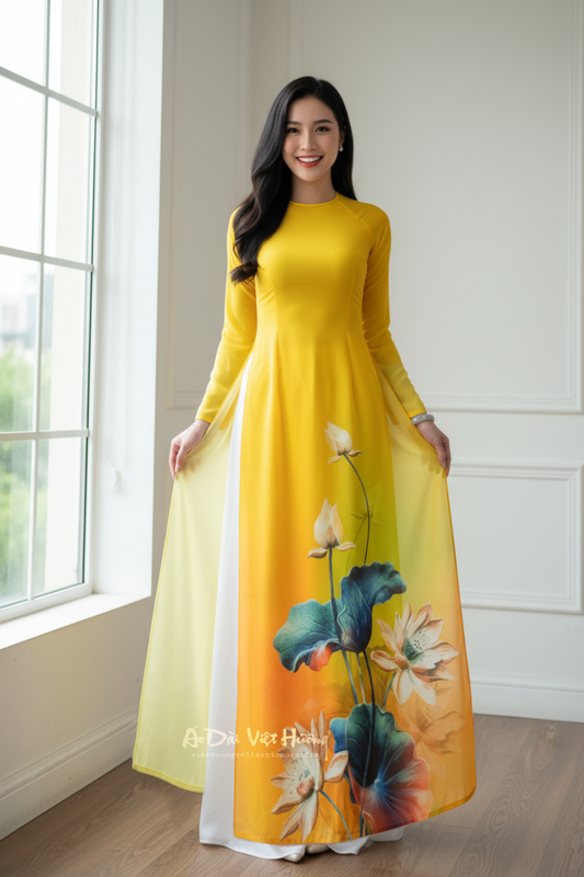 A33 - Áo Dài Chiffon 4 Tà Vàng Hoa Sen | Áo Only