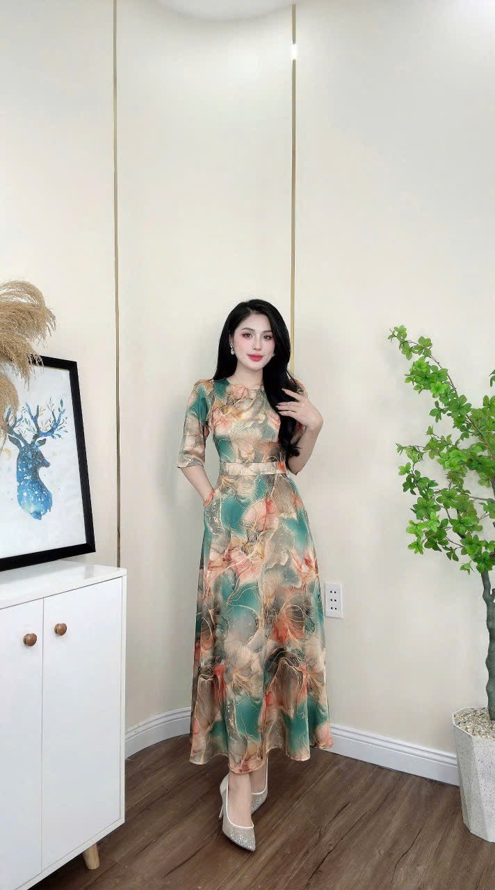 D21 - Long Dress Lụa Nhũ Ánh Kim Blue Teal