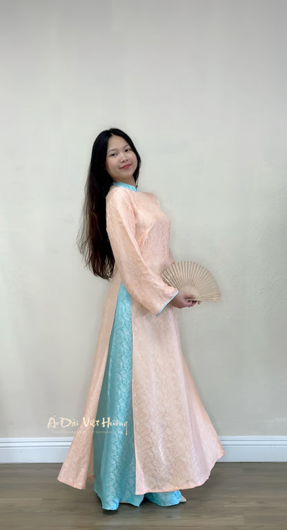 A3 - Set Áo Dài Tơ Tằm Nha Xá dáng suông Orange/Turquoise (Kèm quần)