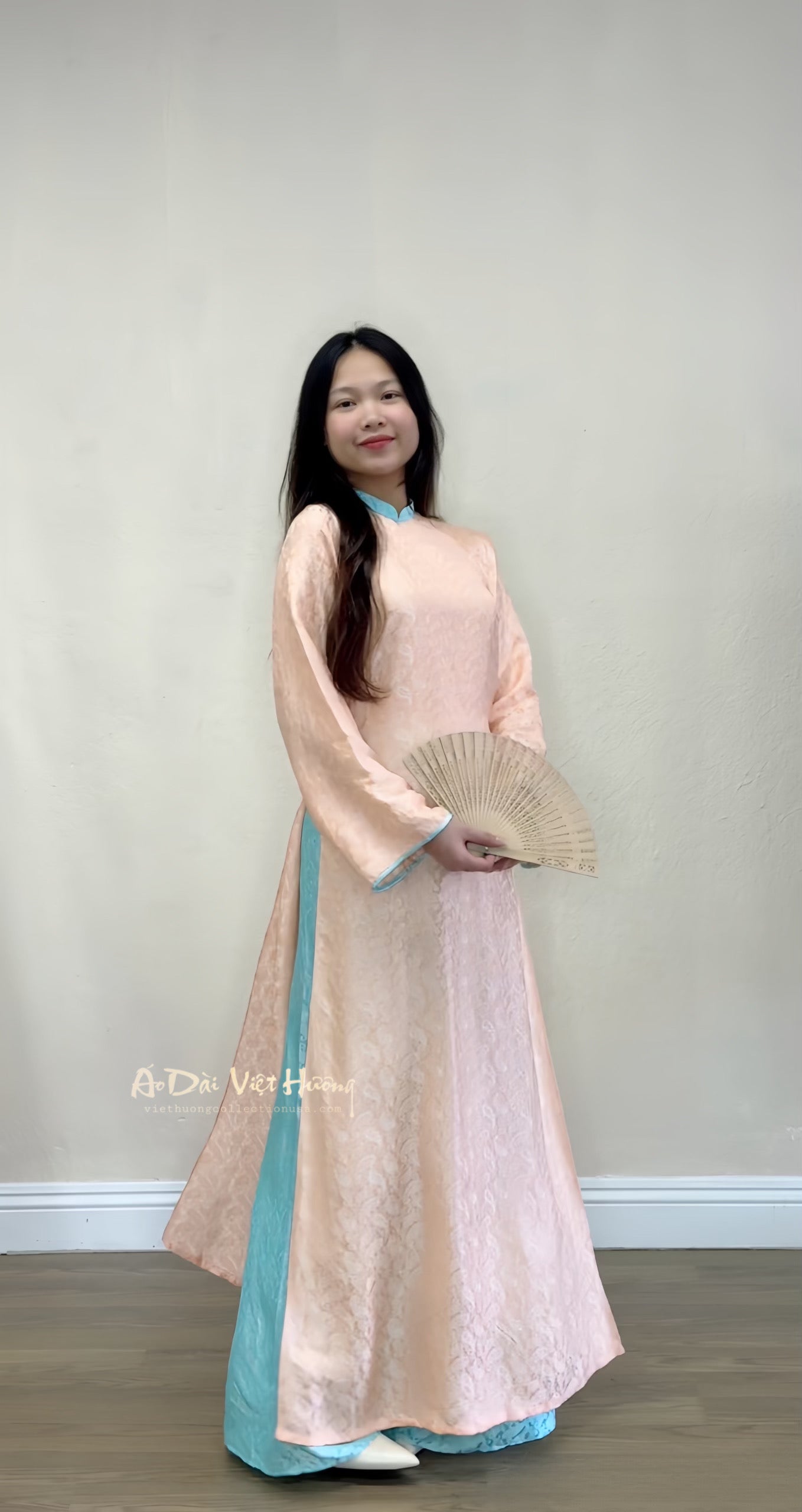 A3 - Set Áo Dài Tơ Tằm Nha Xá dáng suông Orange/Turquoise (Kèm quần)