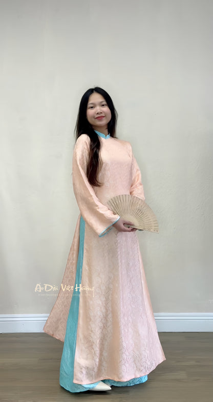 A3 - Set Áo Dài Tơ Tằm Nha Xá dáng suông Orange/Turquoise (Kèm quần)