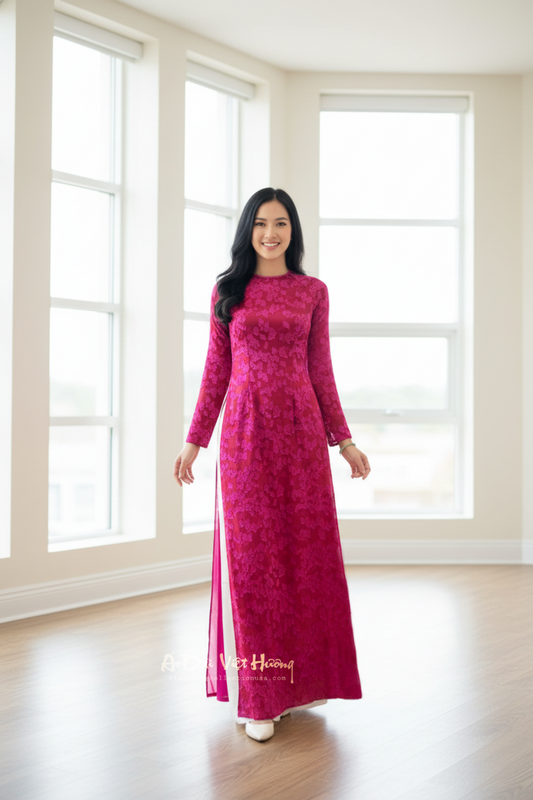 A31 - Áo Dài 4 Tà lụa Điêu Khắc Hồ Điêp Đỏ Hồng | Áo Only