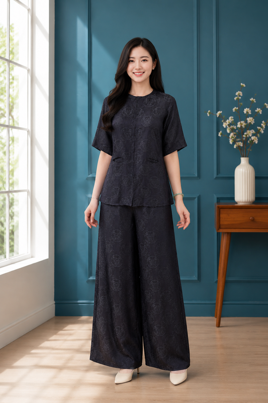 B35 - Set Bà Ba Lụa Tơ Tằm Nha Xá Tím Than