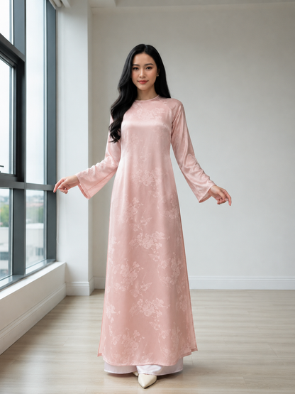 A89 - Áo Dài Lụa Gấm Suông Ôm Lụa Hồng Nhạt | Áo Only
