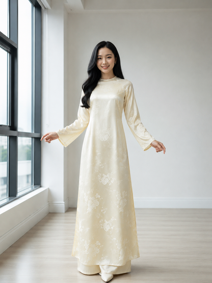A99 - Áo Dài Lụa Gấm Suông Ôm Lụa Vàng Mỡ Gà