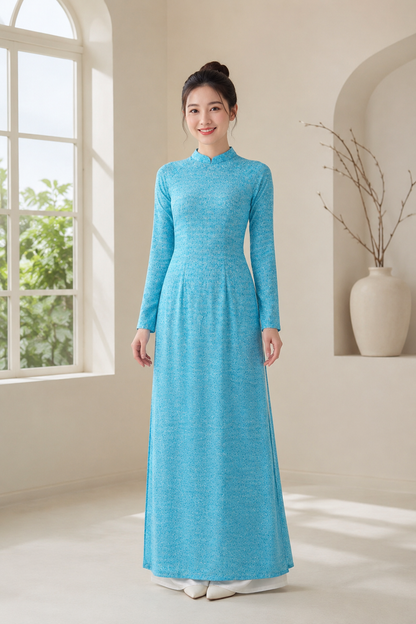 A44 - Áo Dài Thái Tuấn Gấm Dệt Blue