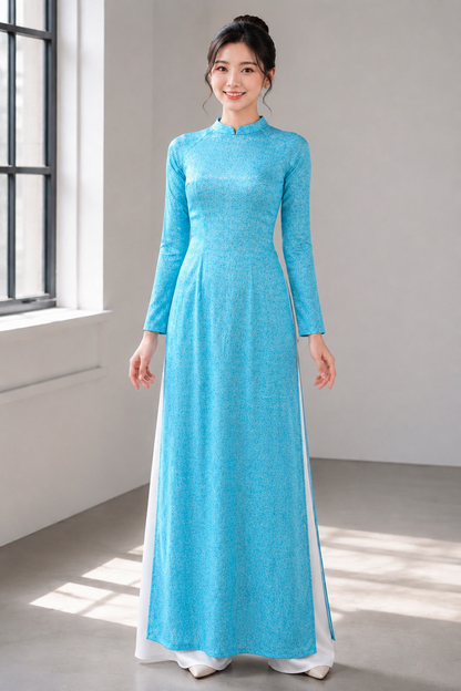 A44 - Áo Dài Thái Tuấn Gấm Dệt Blue