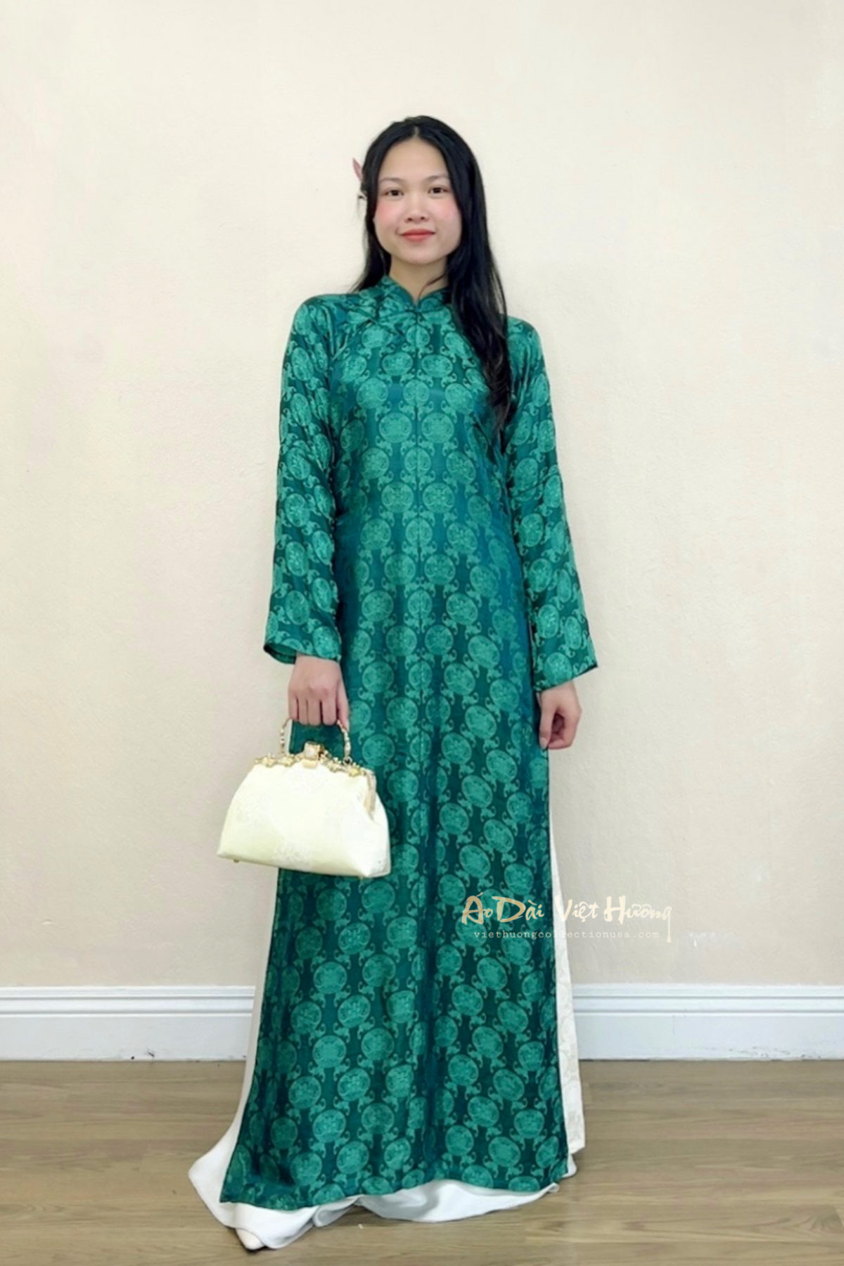 A07 - Áo Dài Ngũ Thân Tay Chẽn Tơ Tằm Nha Xá Xanh | Áo Only