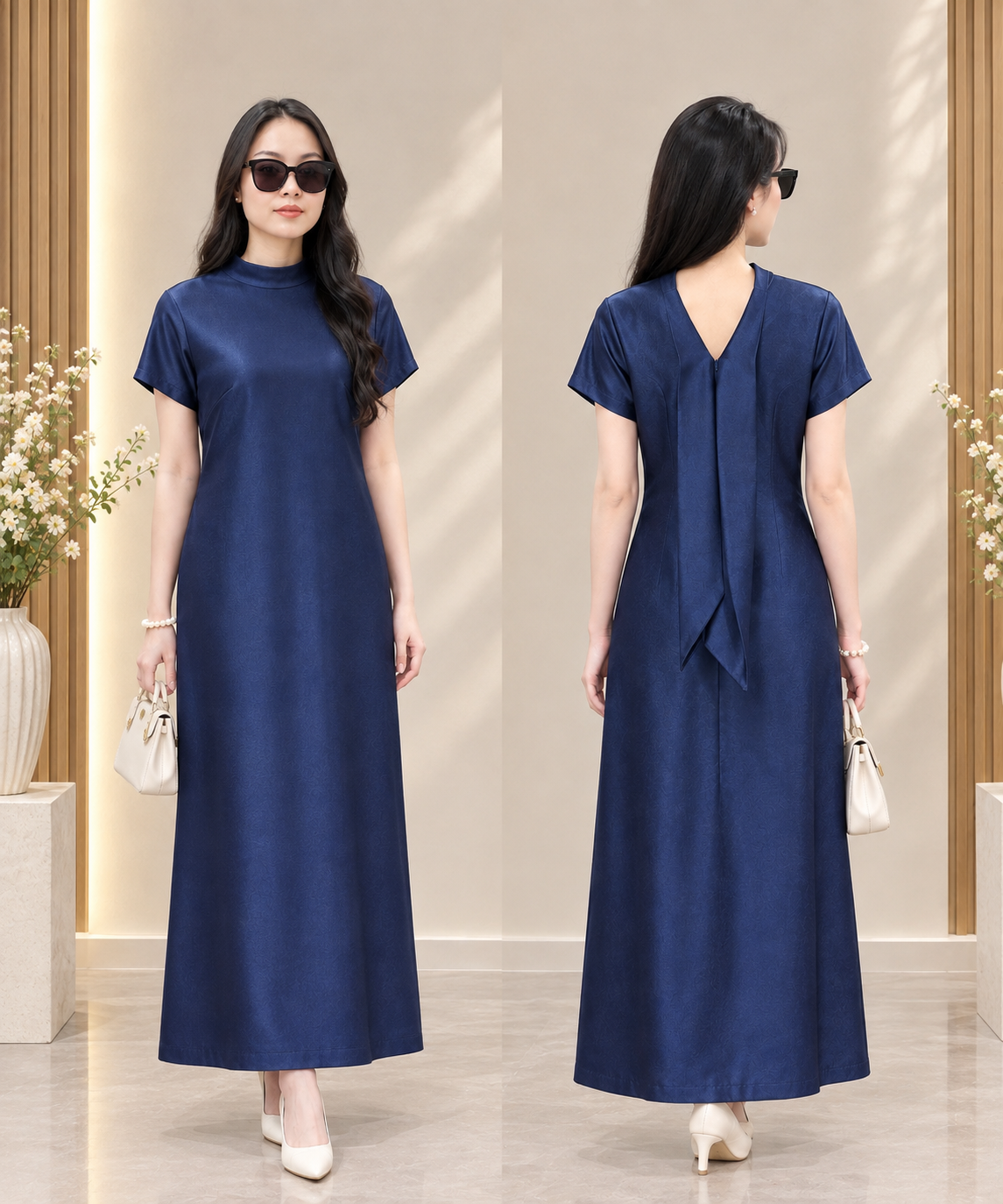 S15->17 - Đầm Lụa Hai Da Cổ Đổ