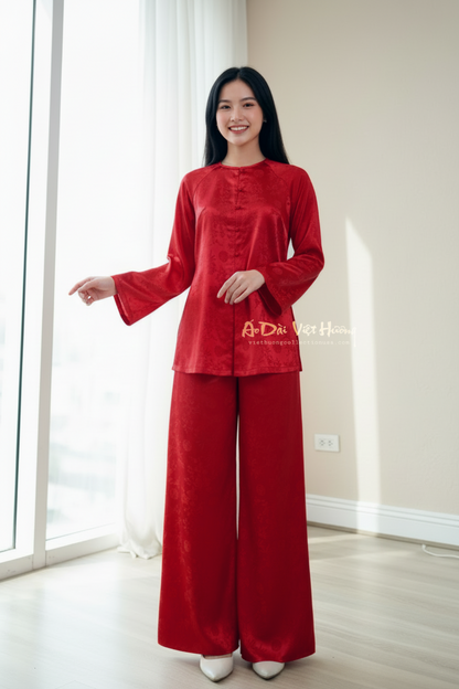 B04 - Set Áo Bà Ba Gấm Trúc Đào Đỏ | Kèm Quần