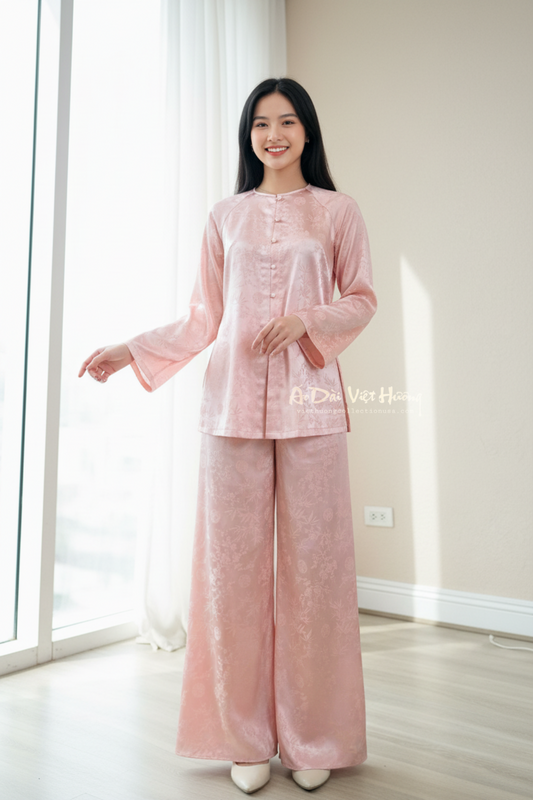 B05 - Set Áo Bà Ba Gấm Trúc Đào Hồng | Kèm Quần