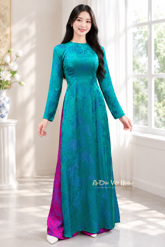 A52 - Áo Dài Lụa Hai Da Xanh (Cổ Tròn) | Áo Only
