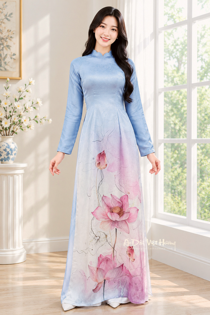 A55 - Áo Dài Xanh Lam Hoa Sen | Áo Only