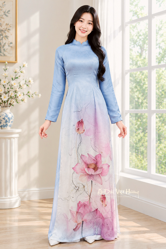A55 - Áo Dài Xanh Lam Hoa Sen | Áo Only