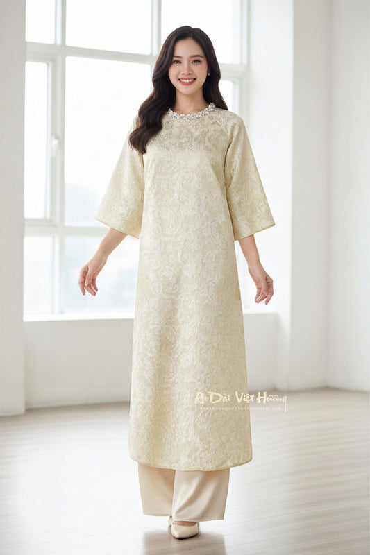 A20 - Áo Dài Suông Gấm Vân Nổi Kết Đá | Áo Only