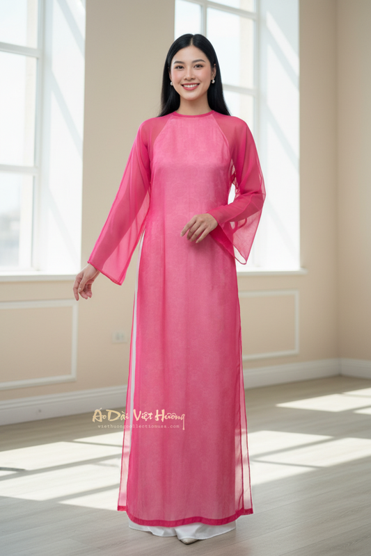 A6 - Áo Dài Tơ Óng Hồng Sen (áo choàng ngoài)