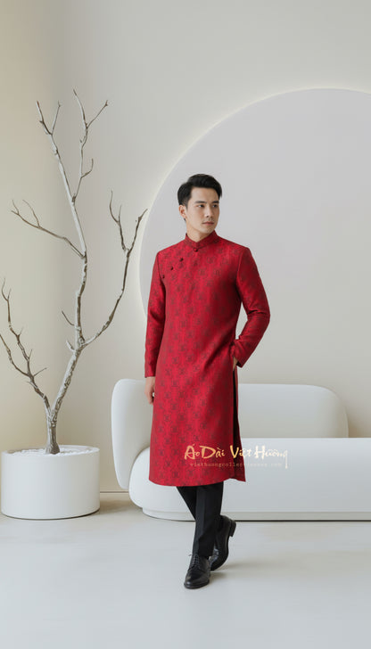 A82 - Men’s Áo Dài Lụa Tơ Tằm Nha Xá Thọ Dơi nhỏ Đỏ Đô