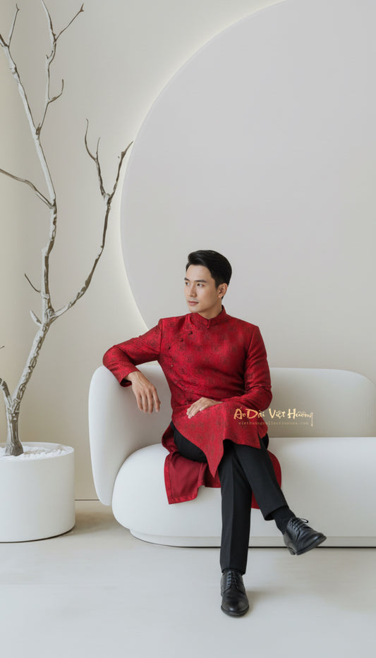 A82 - Men’s Áo Dài Lụa Tơ Tằm Nha Xá Thọ Dơi nhỏ Đỏ Đô