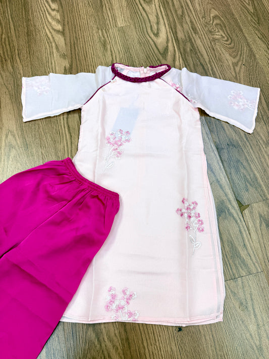 G6 - Set Áo Dài Bé Gái Tơ Thêu 4 Tà Hồng Phấn (kèm quần)