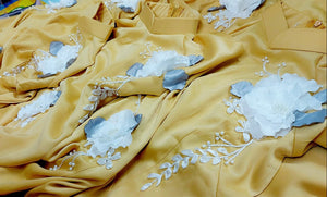 593 - Áo Dài Lụa Tuyết Pastel Yellow Hand Embroidery 3D Camillia Flower.