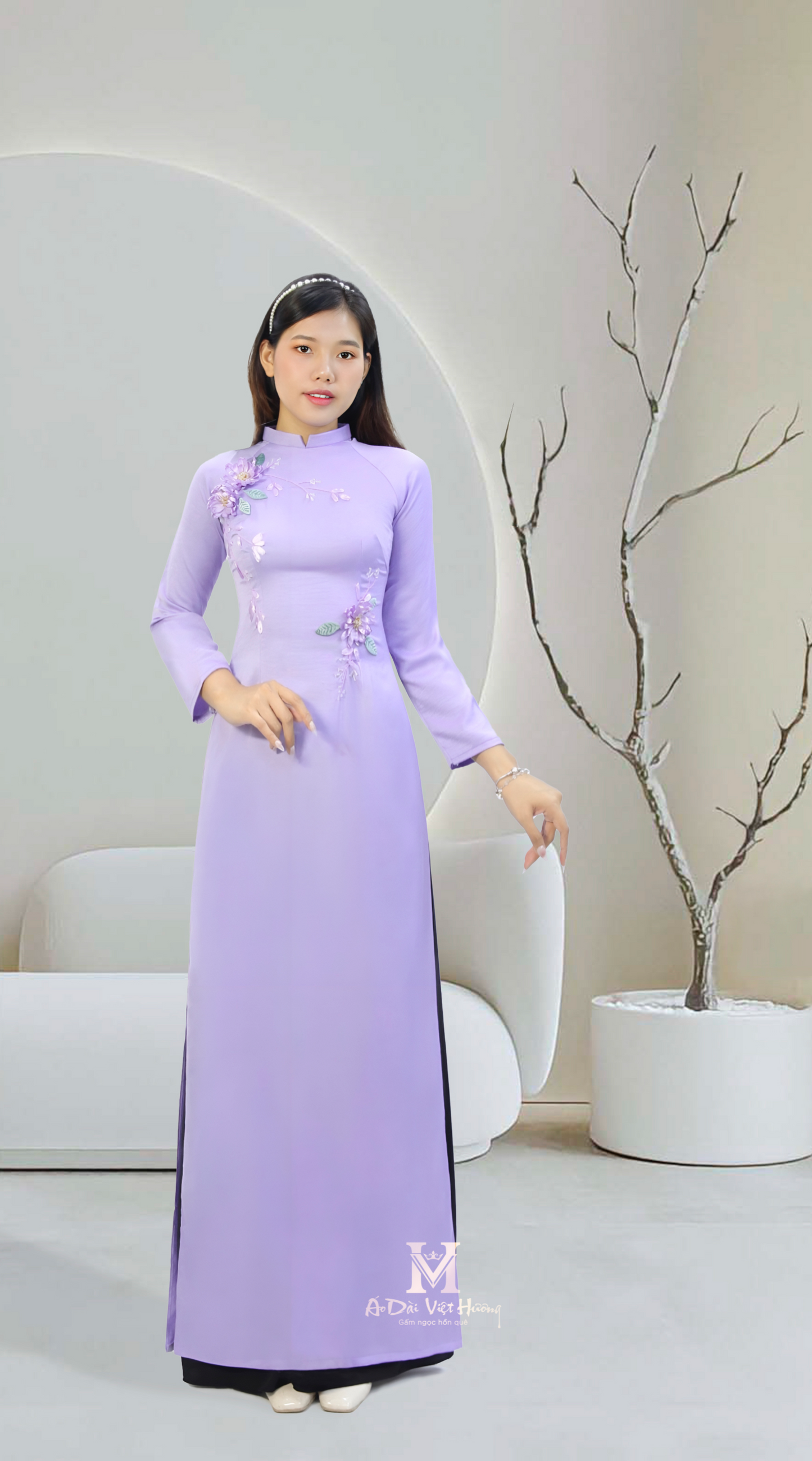 597 - Áo Dài Tây Thi Silk Lilac Purple Hand Embroidery 3D flower