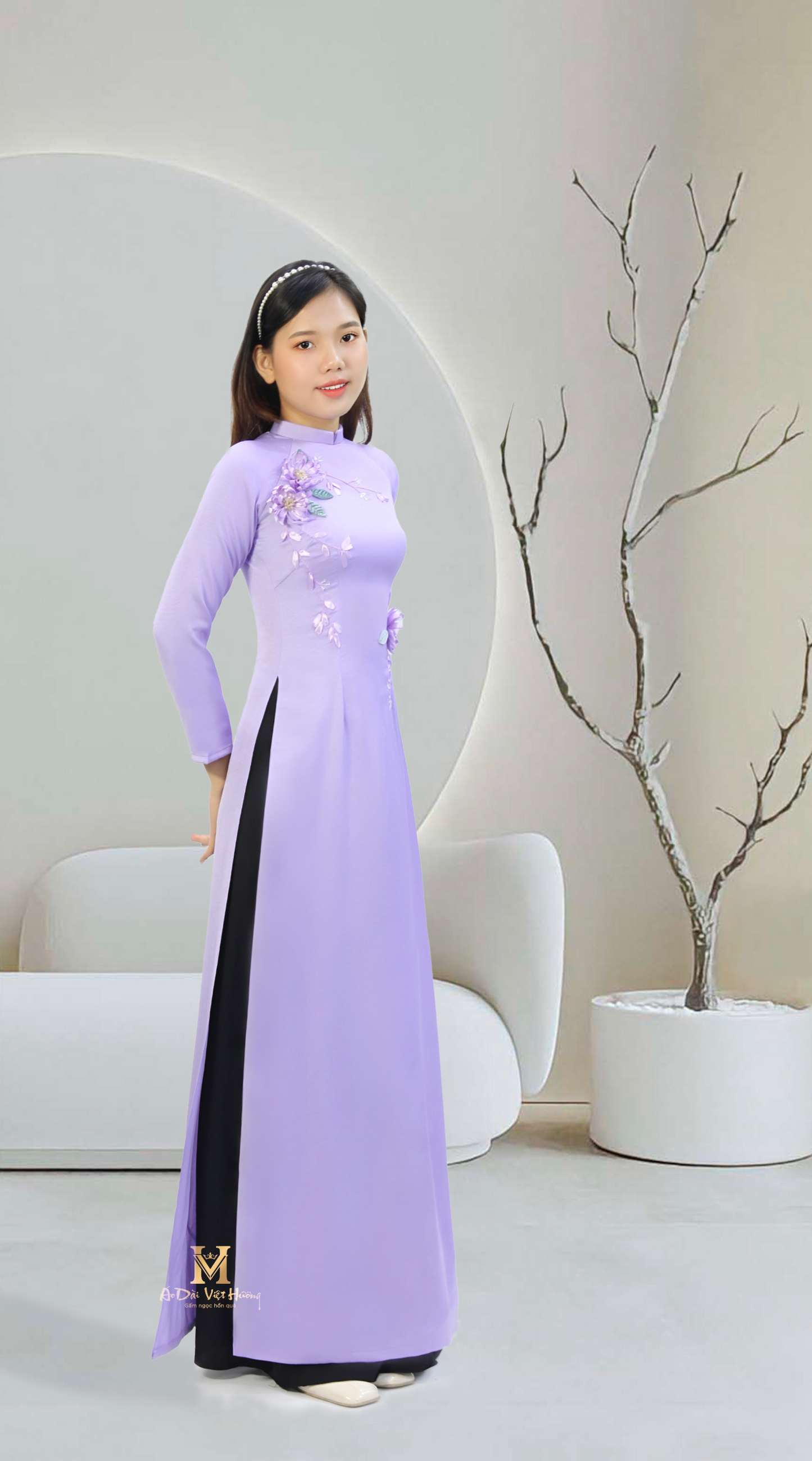 597 - Áo Dài Tây Thi Silk Lilac Purple Hand Embroidery 3D flower