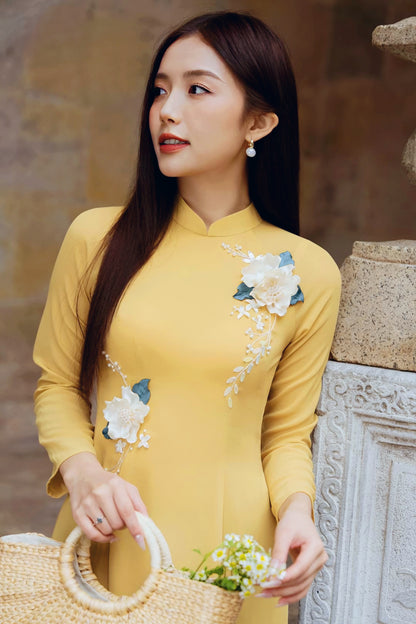 593 - Áo Dài Lụa Tuyết Pastel Yellow Hand Embroidery 3D Camillia Flowers